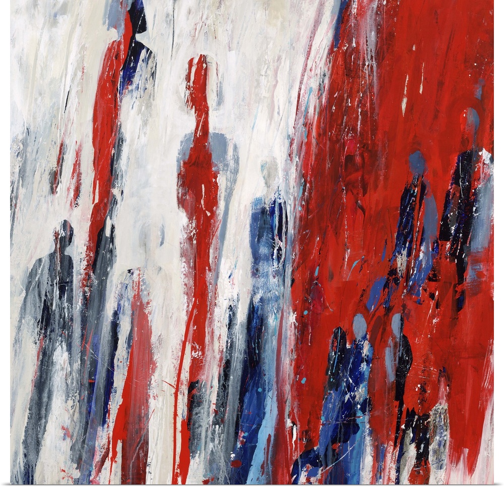 Abstract painting using deep red against a neutral toned background, with what looks like blue figures.