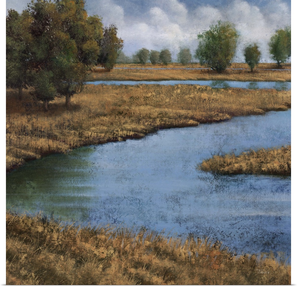 Contemporary painting of an idyllic countryside landscape, with a winding river.