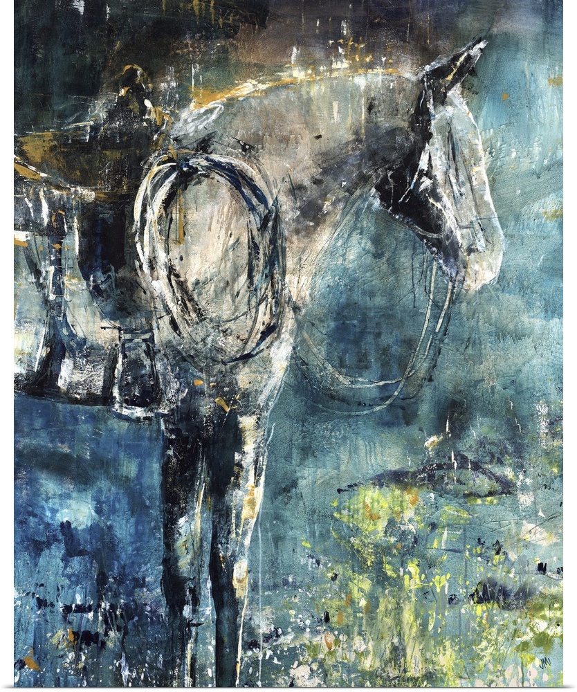 Contemporary painting of a profile of a horse wearing a saddle and reins.