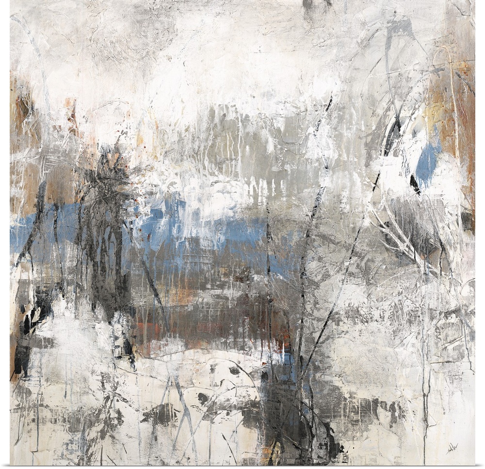 Square abstract art with blue, brown, and black hues surrounded by neutral grays and whites.