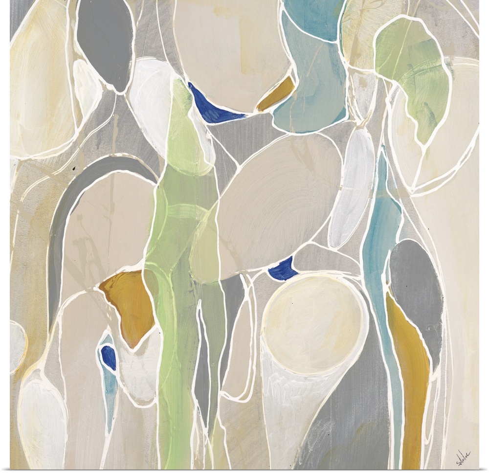 Abstract painting of rounded shapes and sections of various soft tones divided by thin white lines that twist and curve in...