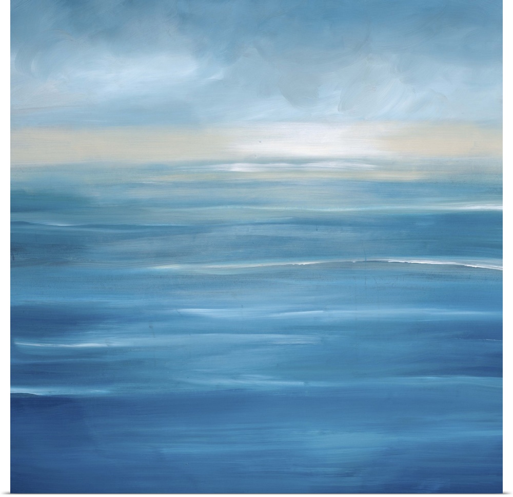 Contemporary seascape painting of a cool, calm blue ocean view.