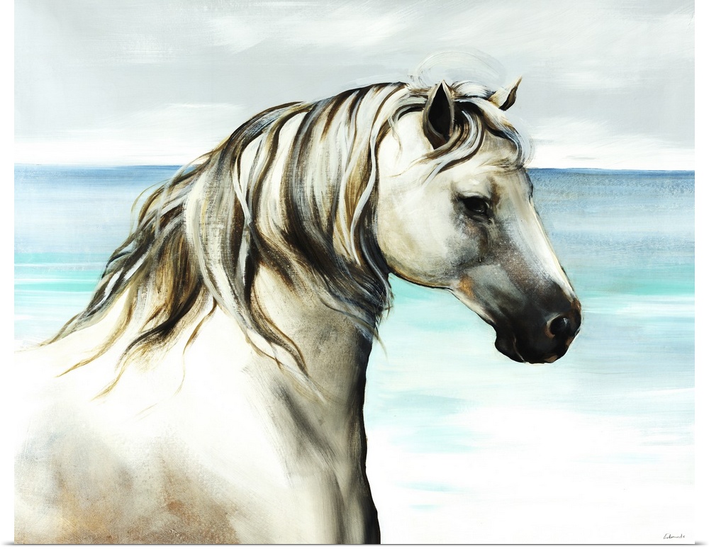 Up-close painting of horse with ocean in the background.