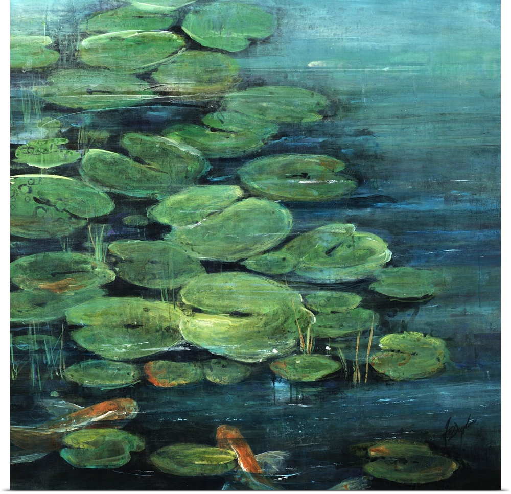 Contemporary artwork of a pond covered with lily pads and two orange koi fish swimming underneath.