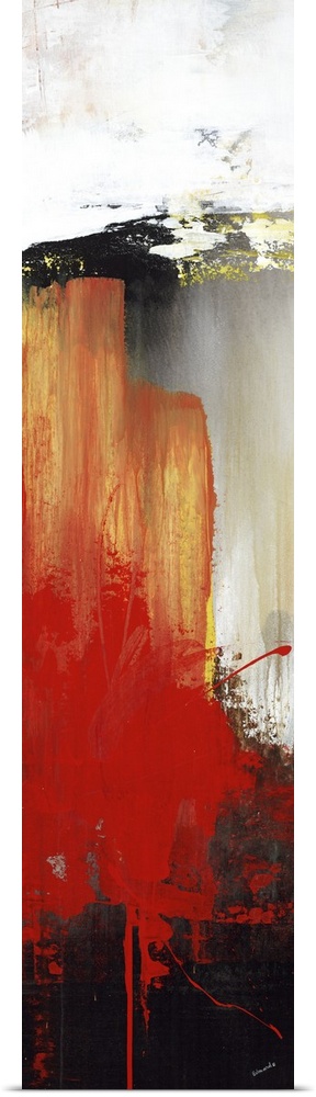 Large vertical abstract painting with bold strokes of paint in orange, red and black.