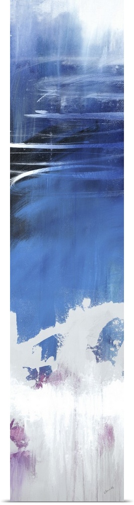 Large vertical abstract painting with bold strokes of paint in white, blue and purple.