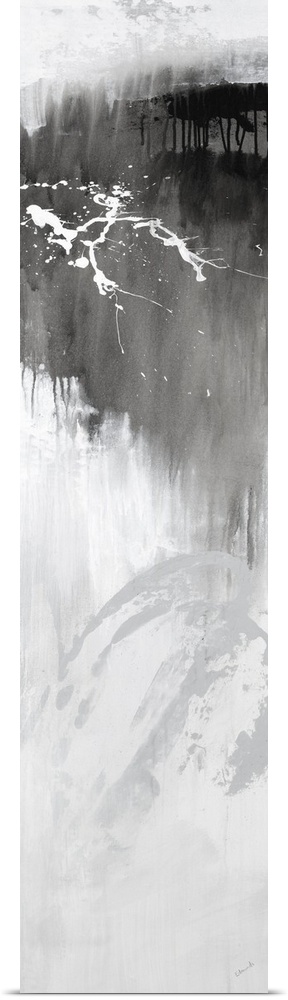 Large vertical abstract painting with bold strokes of paint in white and gray.