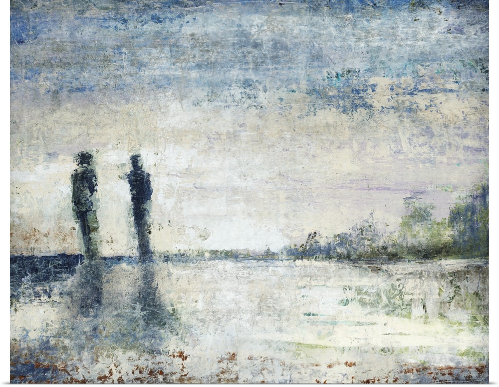 Contemporary painting of two human figures standing next to each other on the horizon, beneath a deep blue sky at sunset.