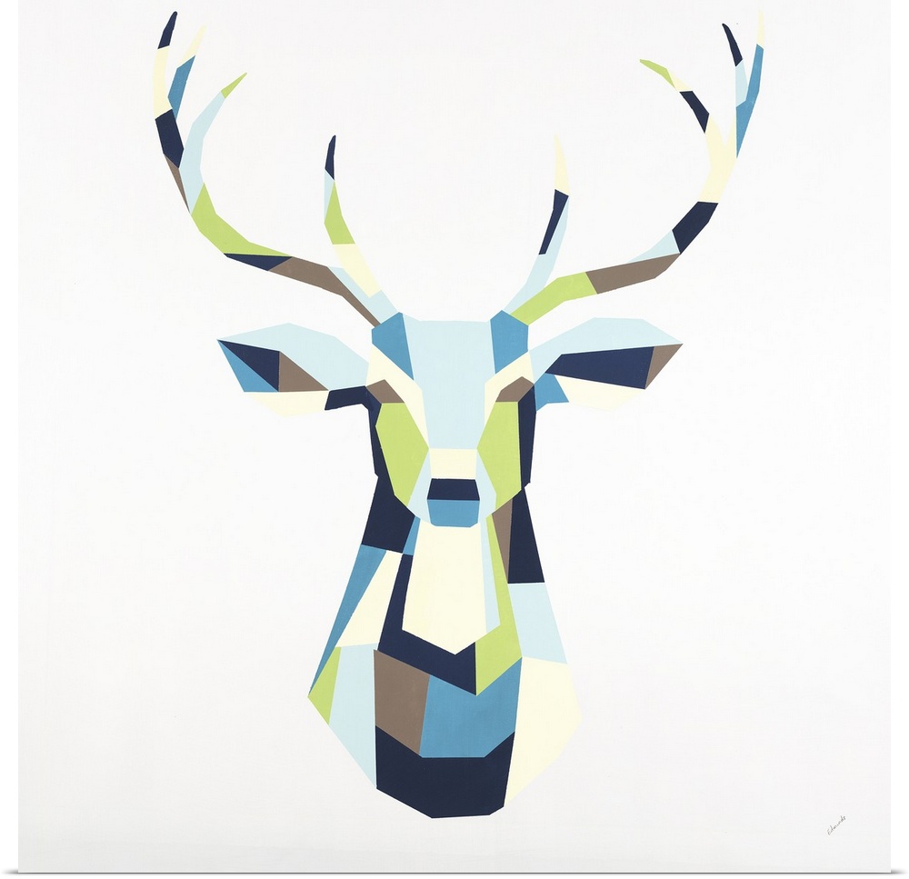 Painting of a deer with antlers using geometric colored shapes.