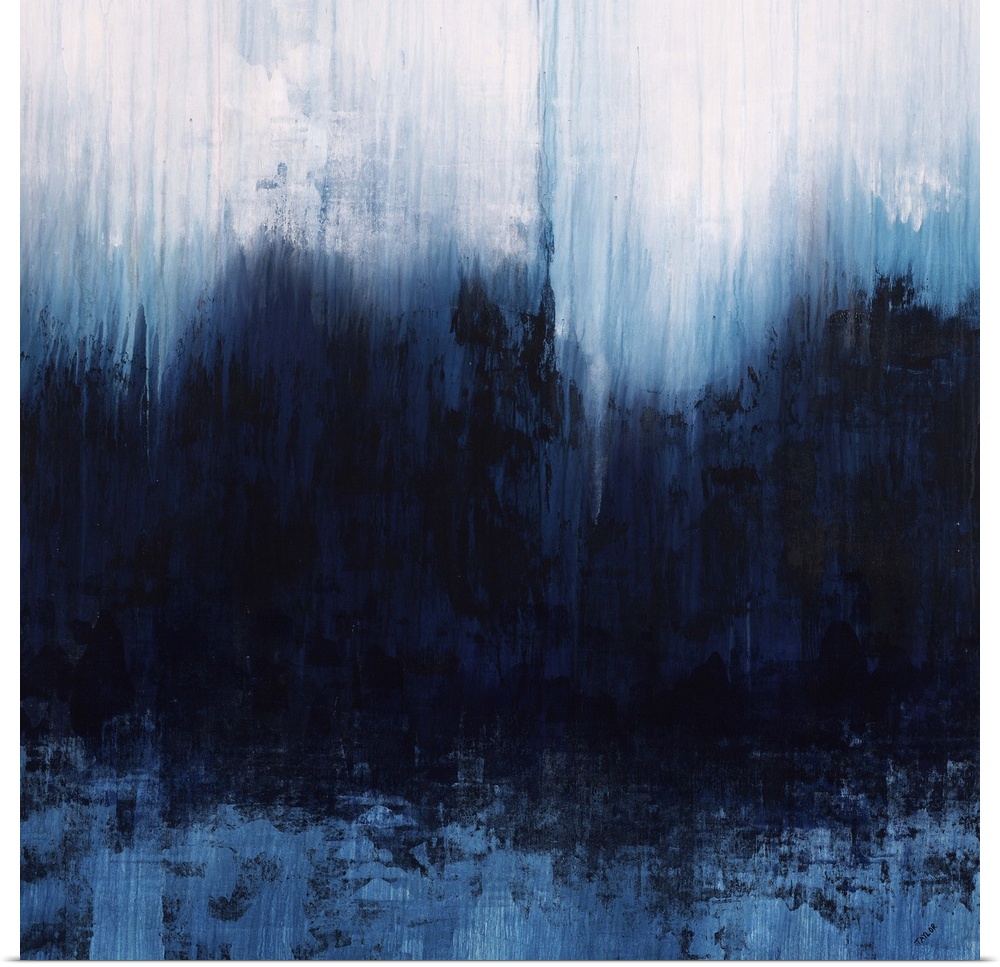 Contemporary abstract painting using dark blue and gray tones in a vertically blurred motion.