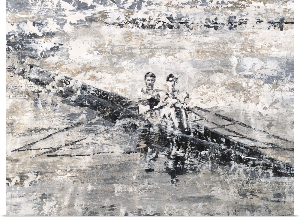 Contemporary abstract painting of two men rowing.