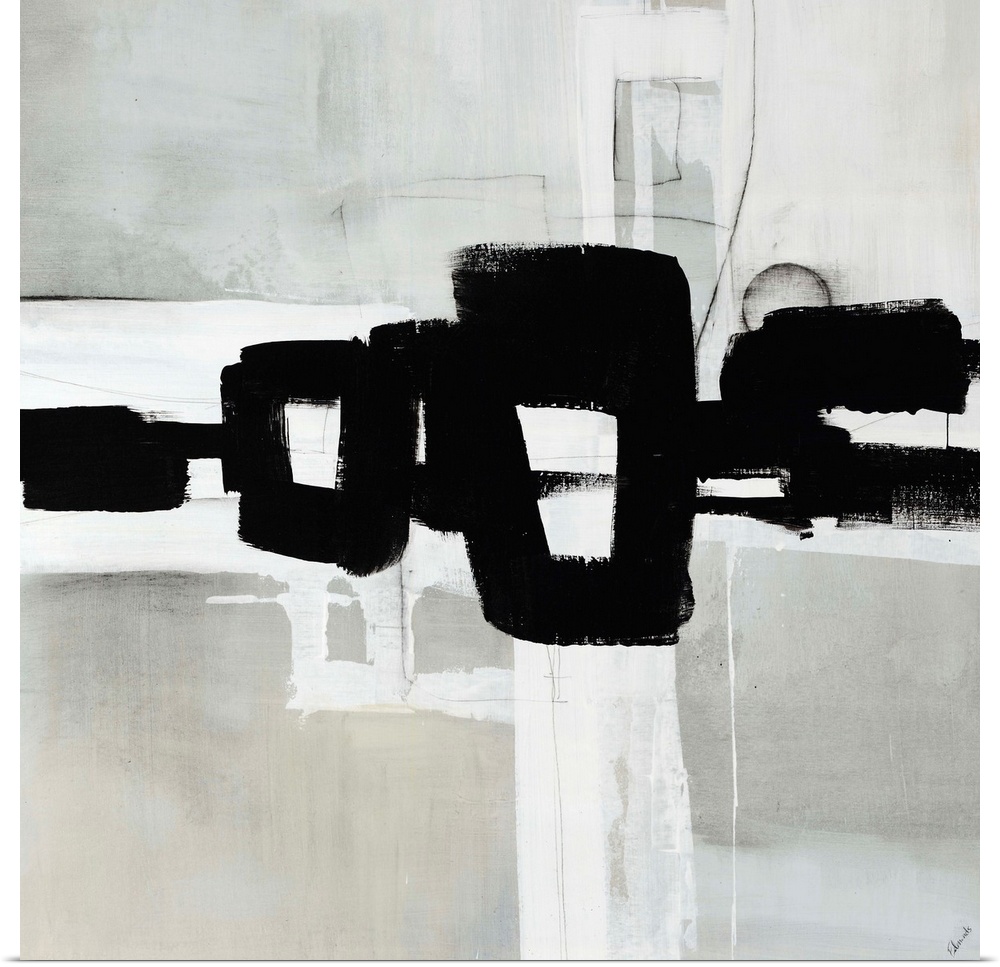 An abstract black-and-white painting with a soft gray-washed background and a bold geometric brushstroke design on top.