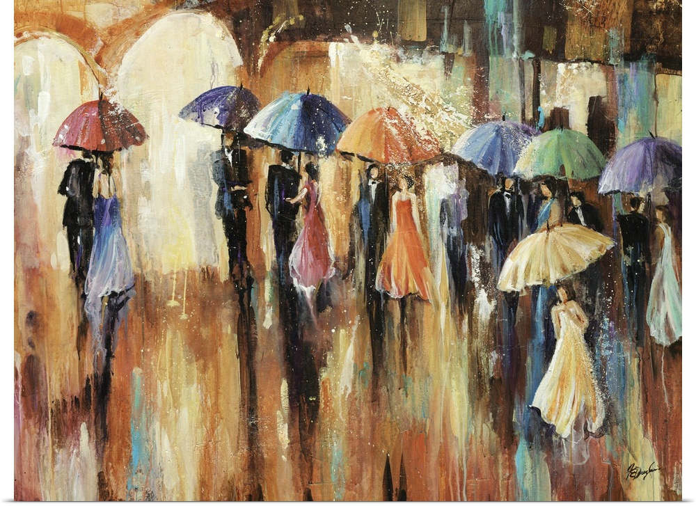 Big painting of men and women under umbrellas going to a show as it rains.