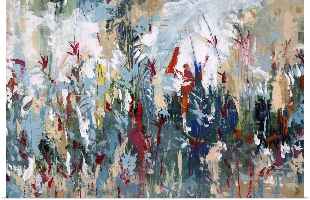 Abstract painting using a spectrum of colors assembled in a way that gives the appearance of flowers in a garden.
