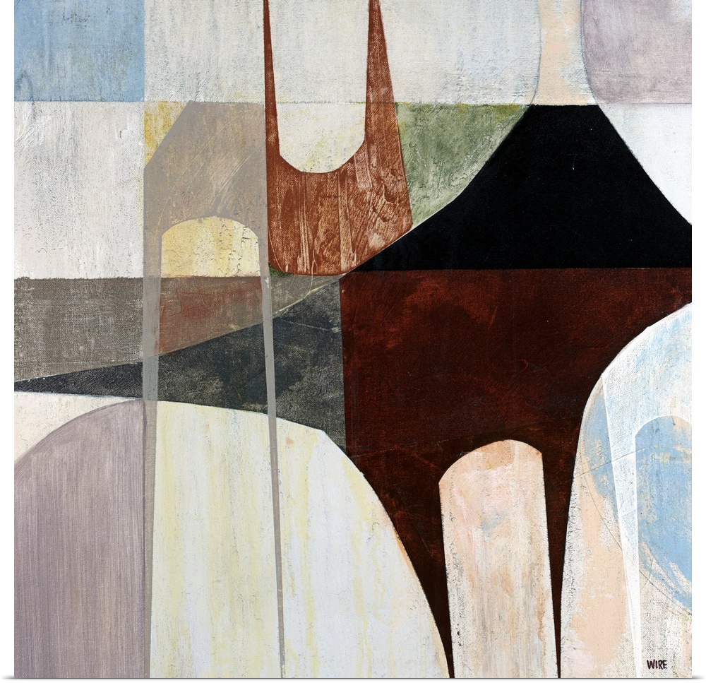 Abstract artwork that uses blocks of colors with black and brown patterns laid over top.