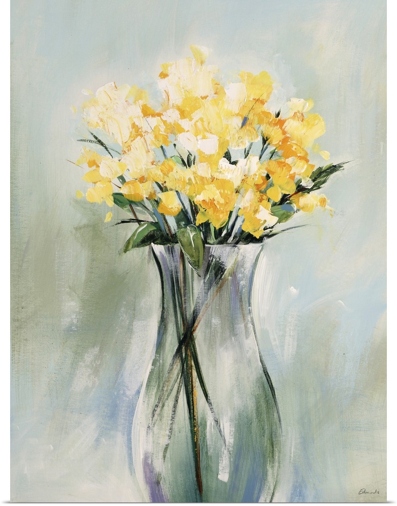 Floral painting of a golden bouquet in a tall glass vase, on a background of vertically streaked cool tones.