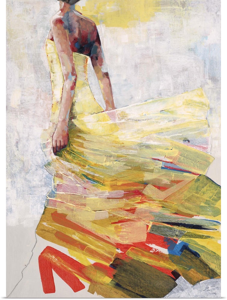 Contemporary painting of a woman facing away from the viewer wearing a yellow dress that looks as its blowing in the wind.