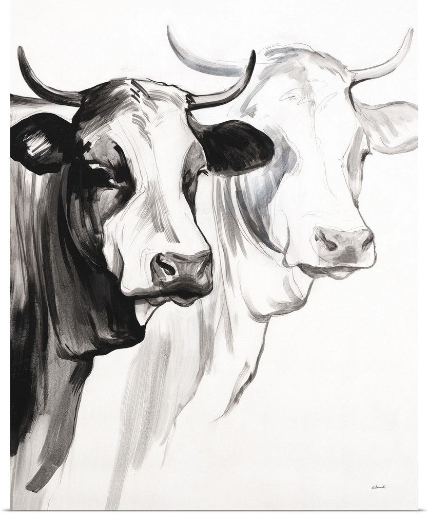Black and white panting of two cows with horns on a white background.