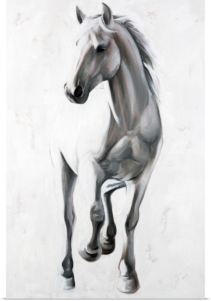 Contemporary painting of a horse with 2 legs up in black and white with brown highlights.