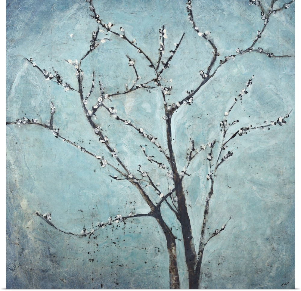Contemporary painting of flowering branches against a hazy blue background.