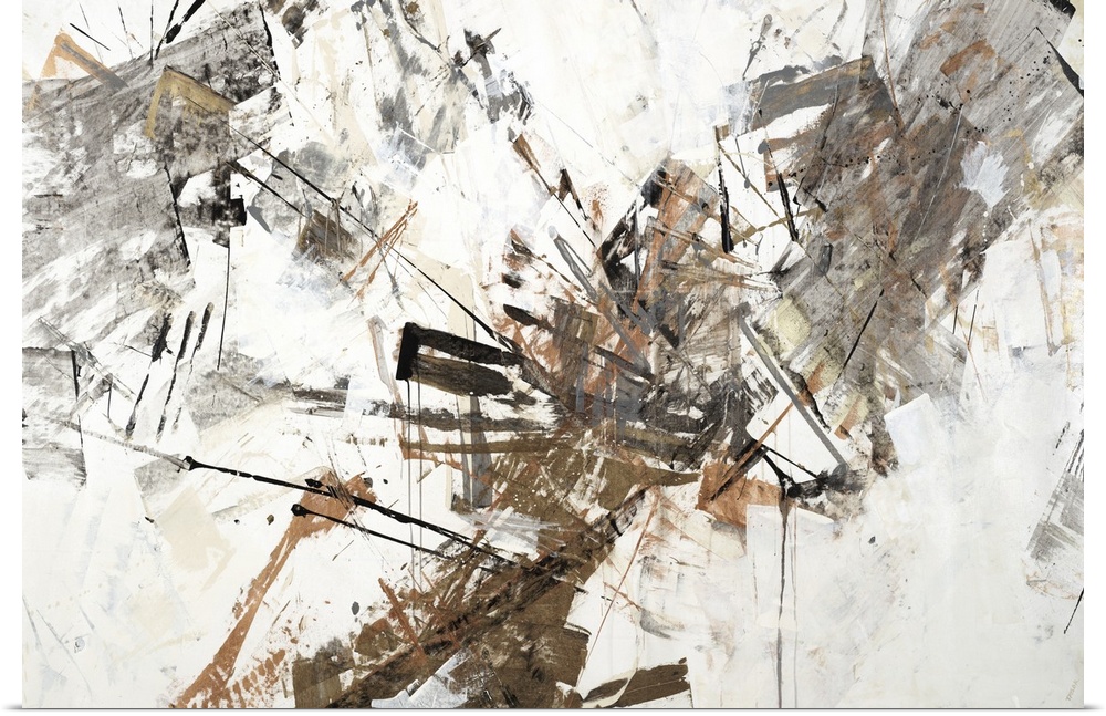 Abstract painting of a textured design in shades of white and light gray with accents of brown throughout.