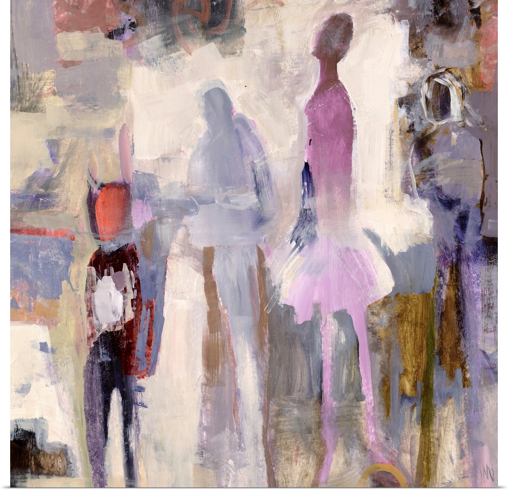 Abstract modern art depicting dancers in colorful neutral streaks of color creating a rough texture.