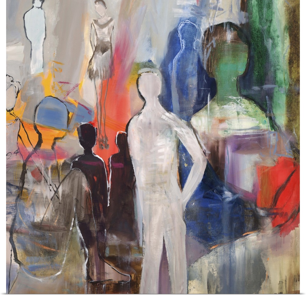Semi-abstract artwork with several figures in varying size and color.
