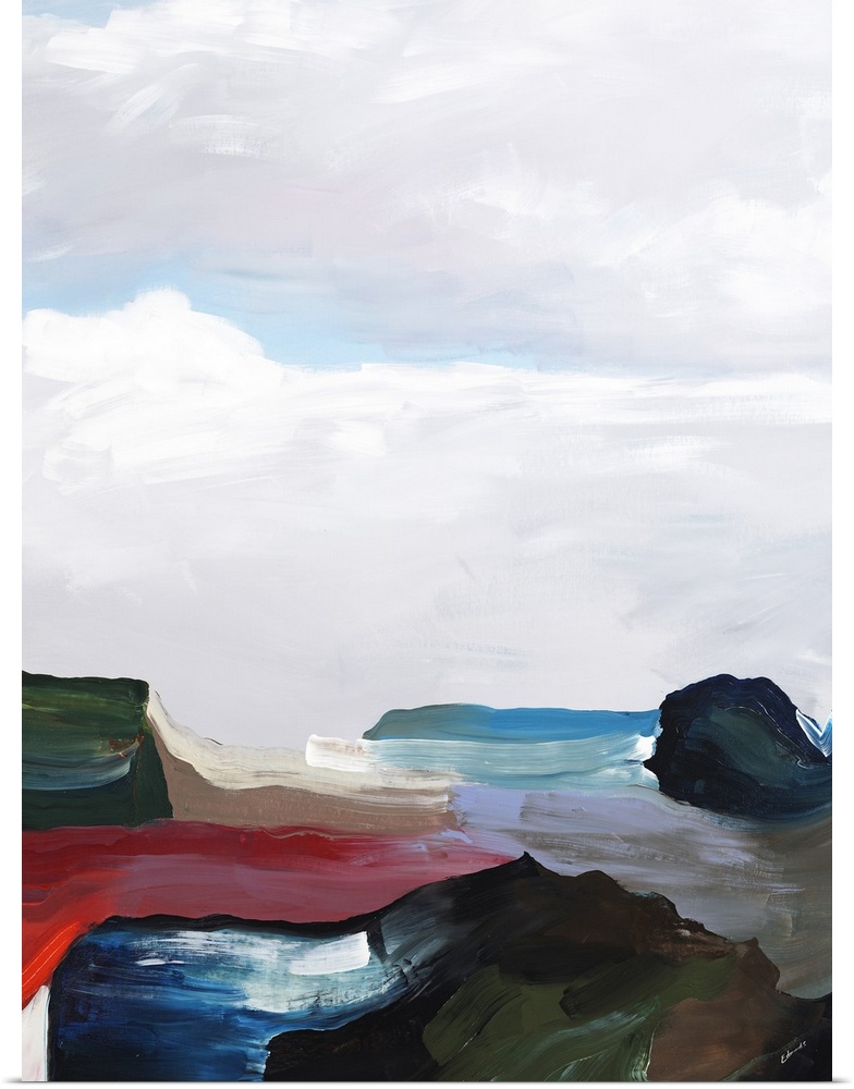 Contemporary abstract painting with deep red and blue, with pale white above, resembling clouds over a landscape.