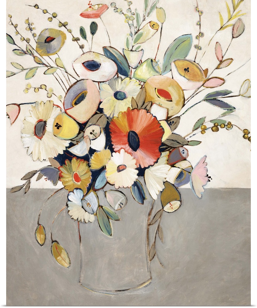 A contemporary painting of a colorful bouquet of flowers.