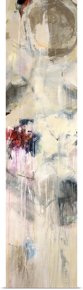 A very tall panoramic abstract piece that uses lots of neutral colors with a few pops of red.