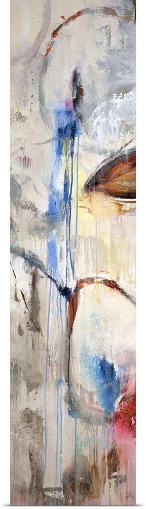 A tall panoramic piece of abstract artwork that uses a neutral background with pops of color that drip down the print.