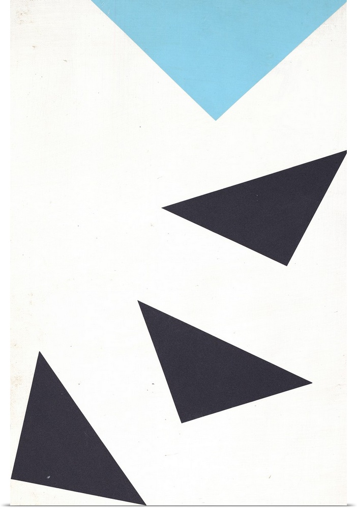 Geometric abstract painting of blue and black triangles pointing down, following each other in a line and curving to the l...
