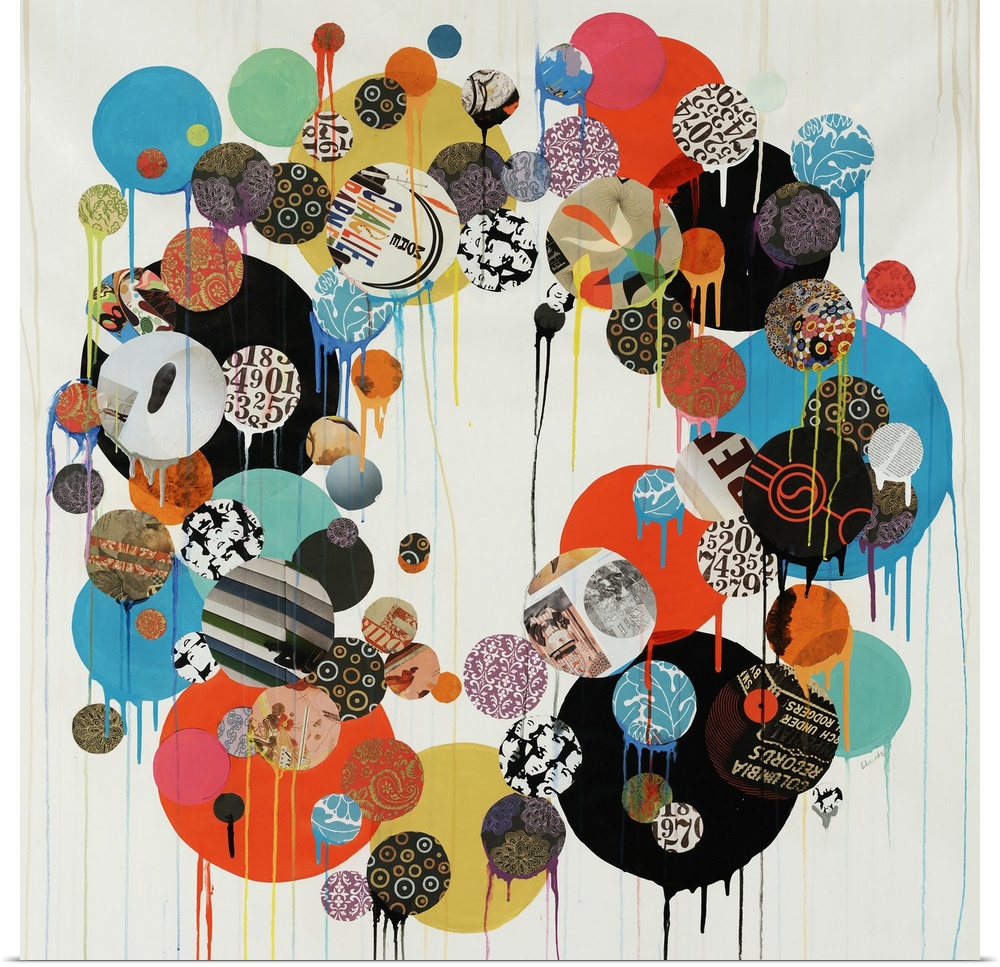 Abstract contemporary wall art featuring a collage of cut-out and painted circles put together to form a wreath-like shape...
