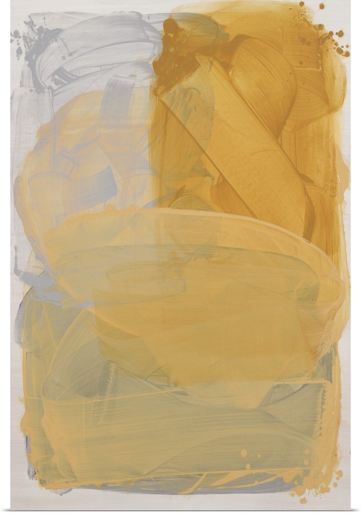 Yellow abstract artwork in a series of three primary color paintings.