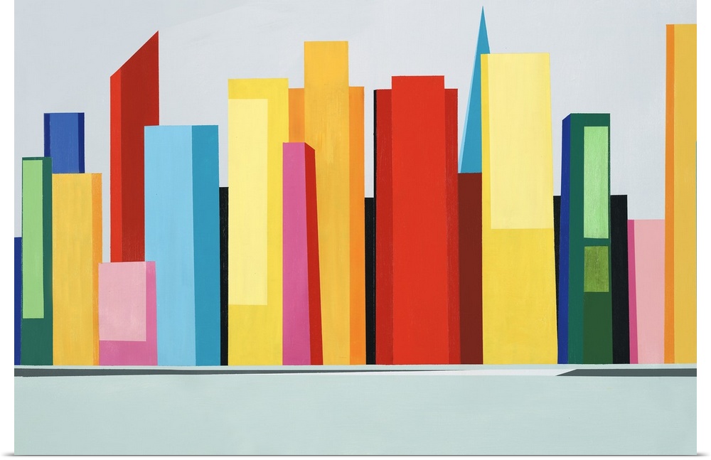 Large abstract artwork of a colorful city skyline created with large geometric shapes.