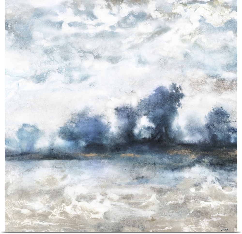 Square abstract landscape painting of a tree line on the horizon in shades of blue and white, brown, and gray tones surrou...