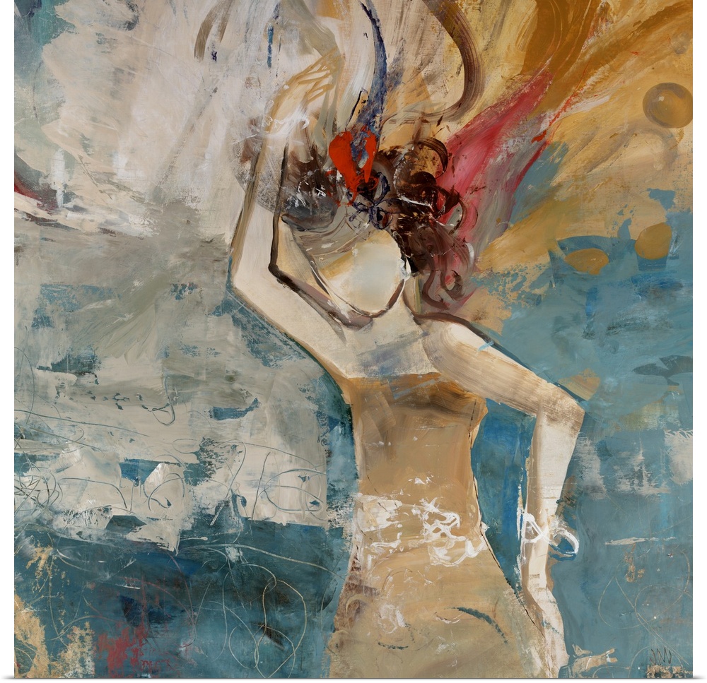 Square, oversized figurative painting of a faceless dancer with twirling hair and one arm over her head, dancing on a chao...