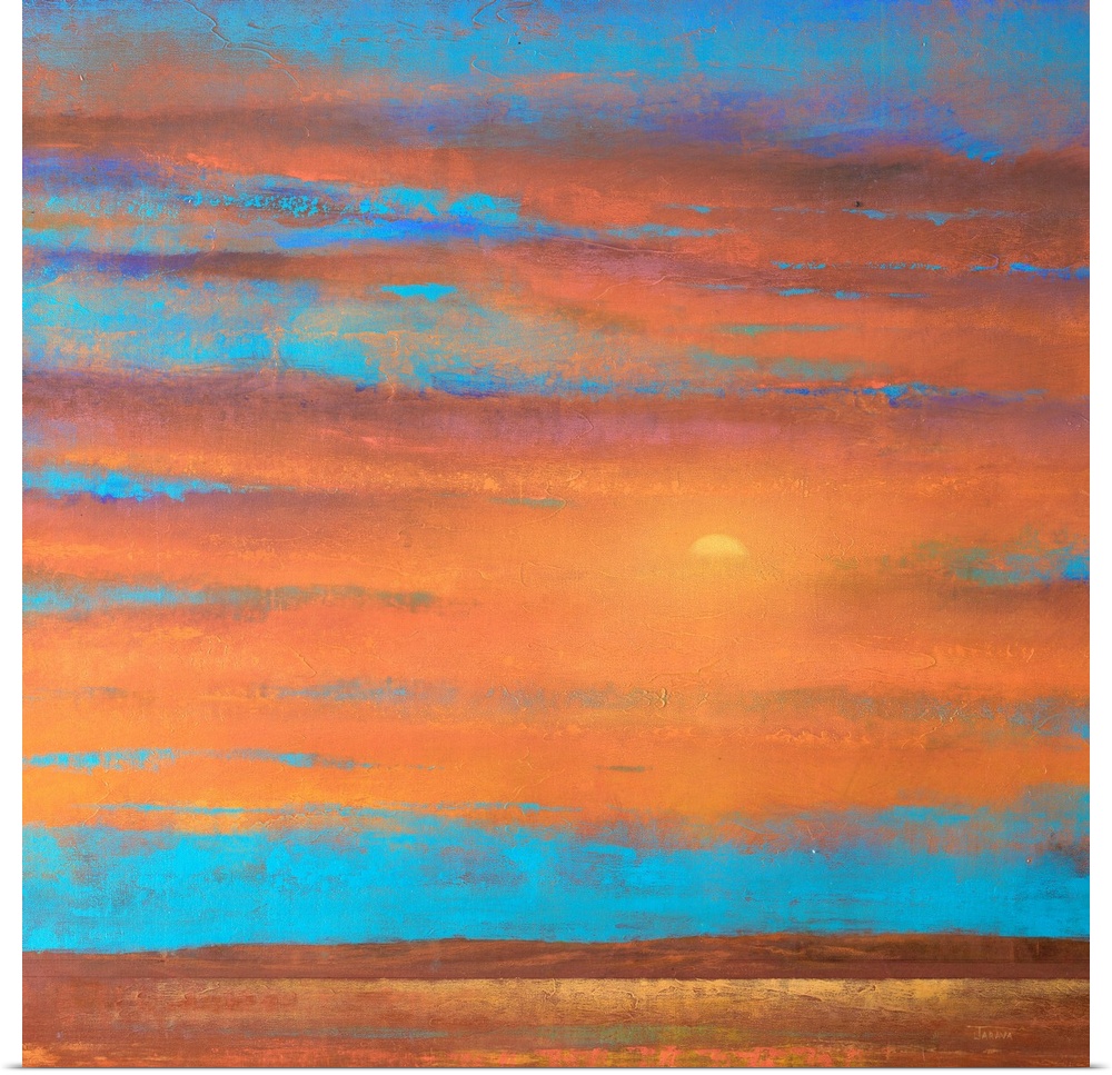 A piece of contemporary artwork that is of a sunset with orange clouds painted on top of a bright blue sky.