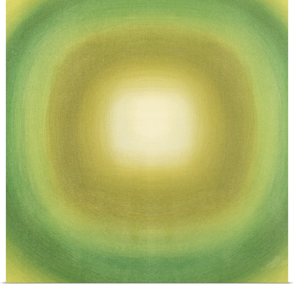 Square abstract with with a green and yellow gradient circle moving out from the white center towards the edges of the can...