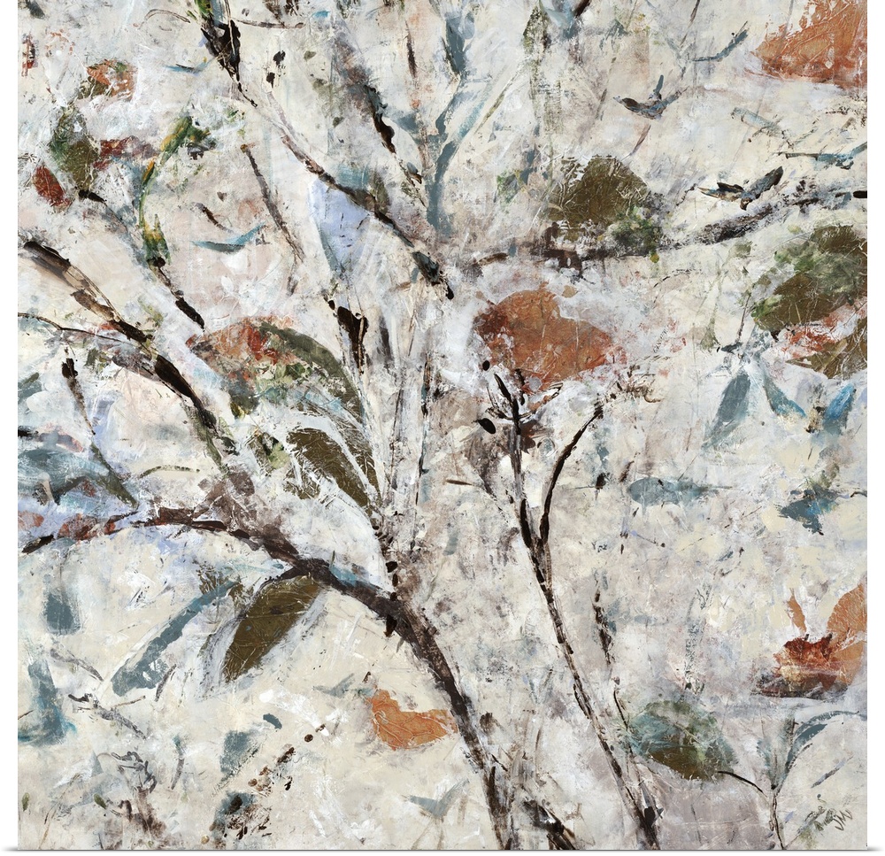 Square abstract painting of a tree with thin, brown branches and green, orange, and blue fall leaves with a heavily textur...