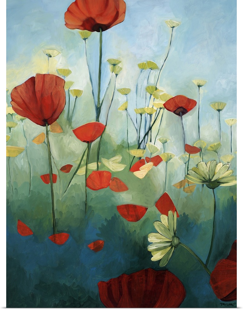 Contemporary painting of red poppies in a green field with daisies, under a blue sky.