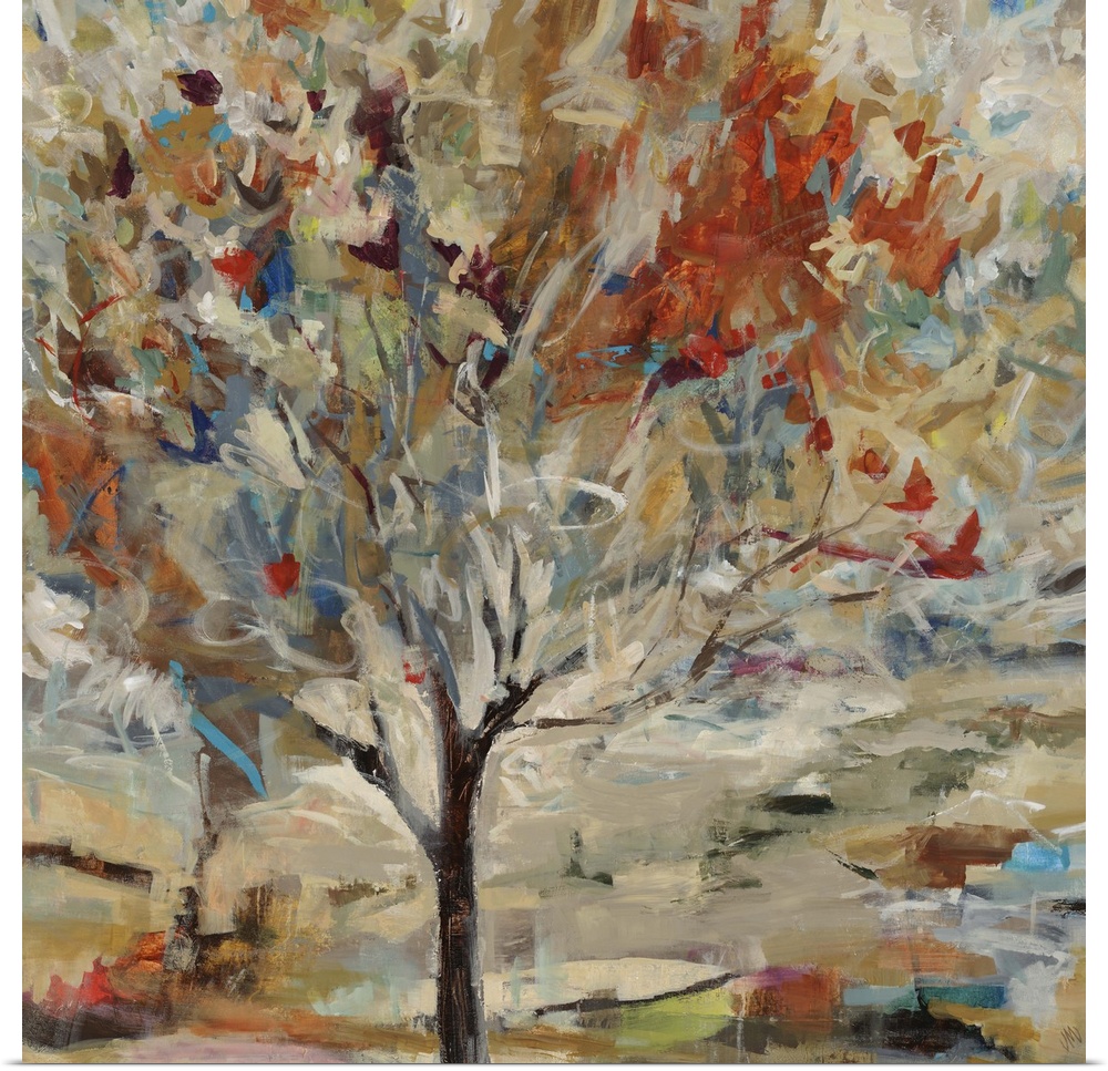 Contemporary painting of a single tree with vibrant leaves and branches, on a background filled with multicolored patches ...