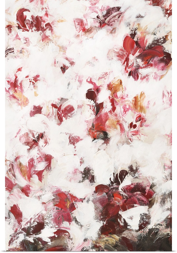 Large abstract painting with warm shades of red, pink, and orange with white on top and brown a the bottom.