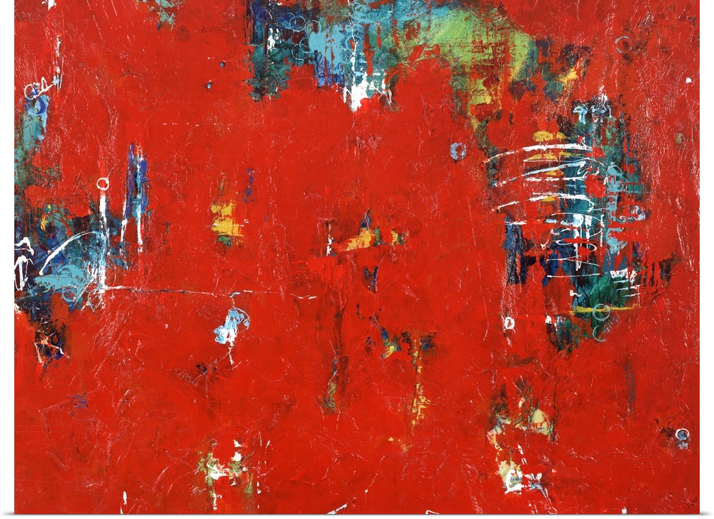 Contemporary abstract artwork in sharp red with splashes of cool blue and green.