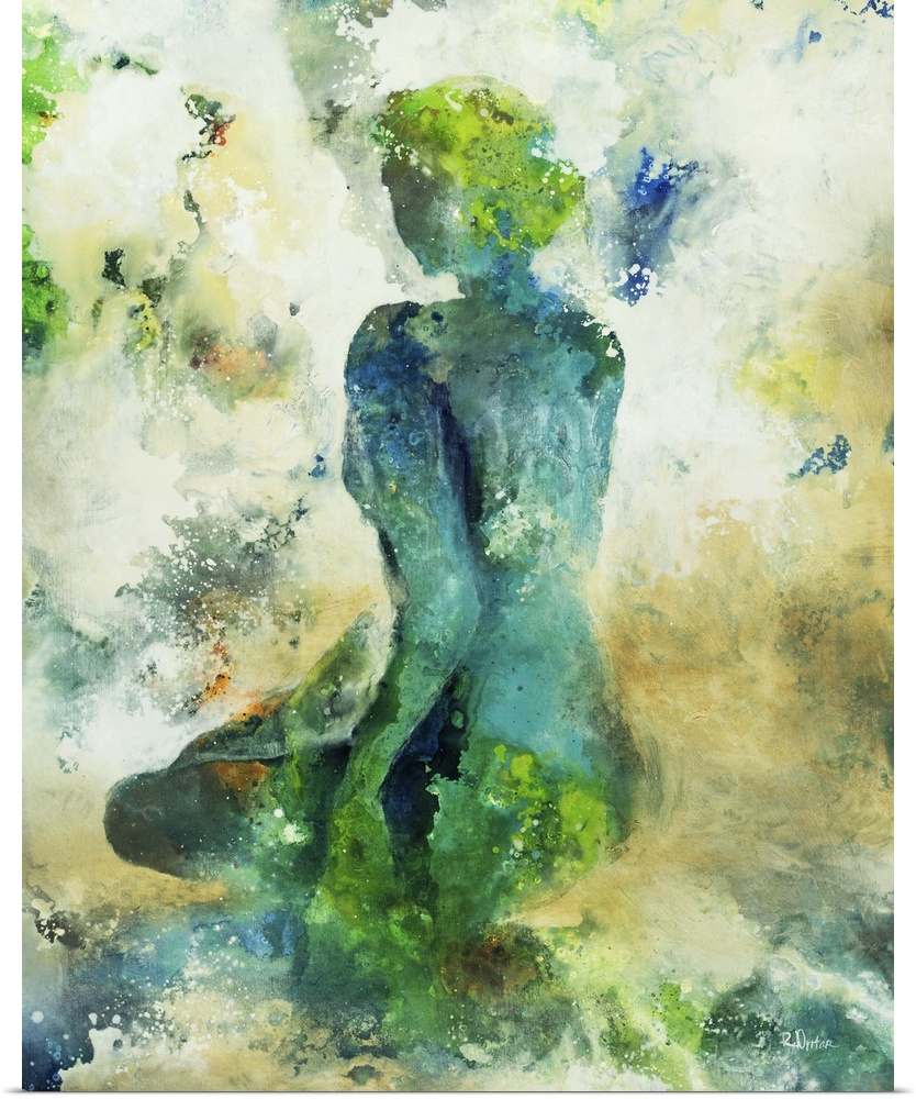 Abstract painting of the silhouette of a woman kneeling down on a hill, surrounded by splashes of color in cool and golden...