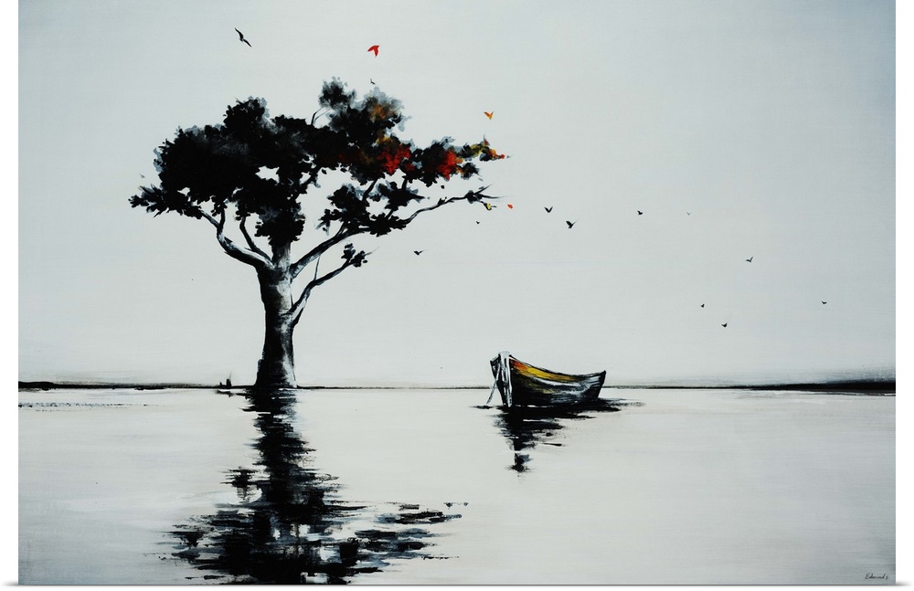 Landscape painting of an empty row boat sitting in calm water beneath a large tree on the horizon, as birds fly overhead i...