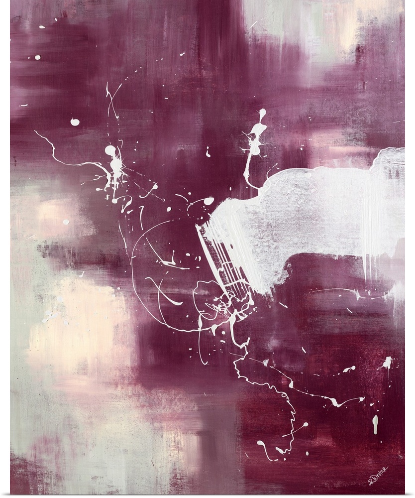 Contemporary painting with muted abstract background and overlying paint drops and drizzles.