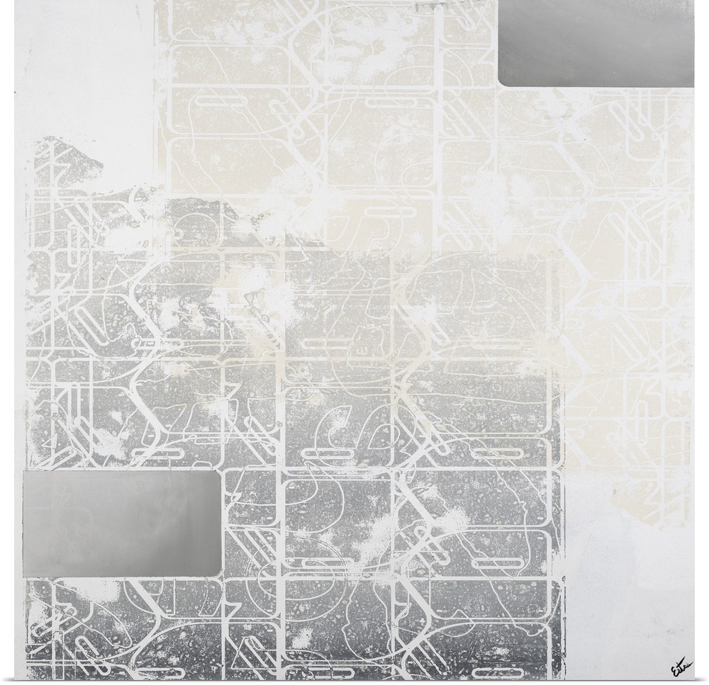 Abstract painting in white, gray, and beige with faint white lined designs making a pattern on the canvas.