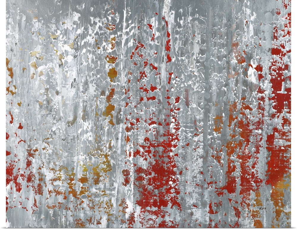 Contemporary abstract painting using muted gray and red tones.