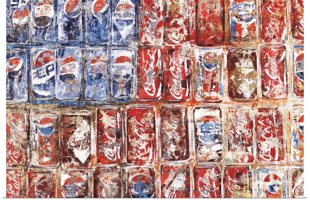 Contemporary abstract painting resembling the American flag, created out of Pepsi and Coca Cola cans